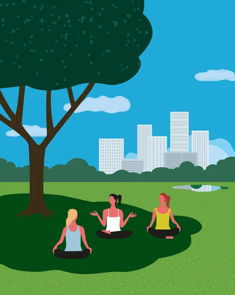 瑜伽在城市花园平面颜色矢量练习 — 图库矢量图片