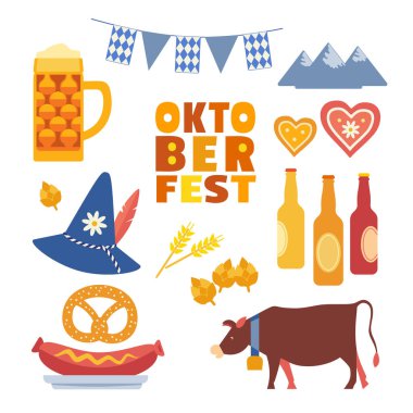 El çizilmiş Oktoberfest düz renk vektör simge seti