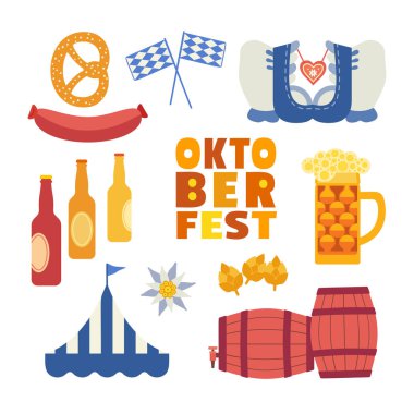 Oktoberfest el çizilmiş düz renk vektör simgeleri seti