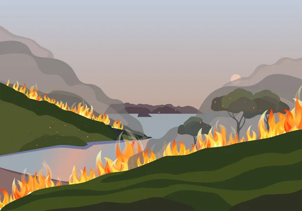 Лісові пожежі катастрофи гірські дерева плоскі Векторні ілюстрації — стоковий вектор