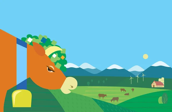 Maaseudun auringonnousu maisema lehmien ja maatilan taustalla — vektorikuva