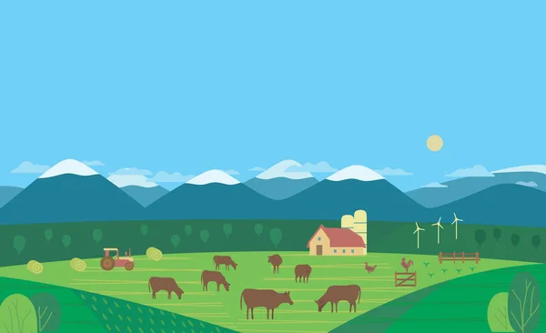 Dibujado a mano naturaleza rural y vaca granja paisaje plano vector — Archivo Imágenes Vectoriales