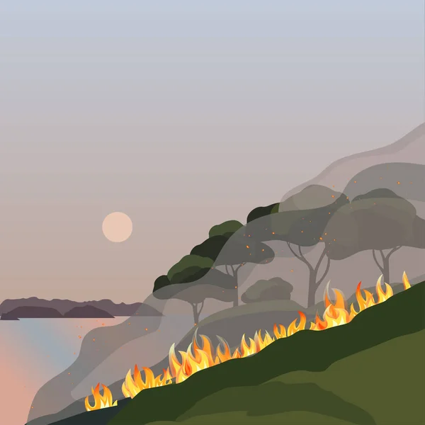 Incendios forestales árboles verdes desastre vector plano ilustración — Vector de stock