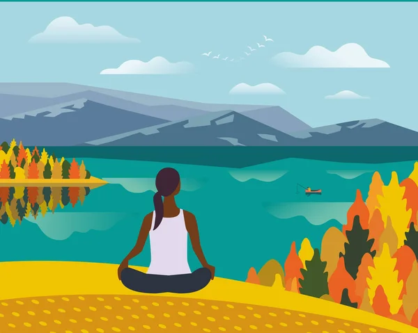 女孩锻炼瑜伽在秋天自然平面颜色矢量 — 图库矢量图片
