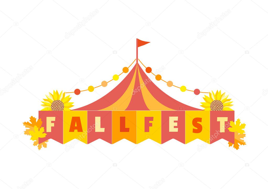 Hand drawn Fall fest tent simple flat color vector icon. Fall fair event design element. Autumn festival emblem logo template. Traditional fest tent silhoutte sign at autumn fair cartoon illustration