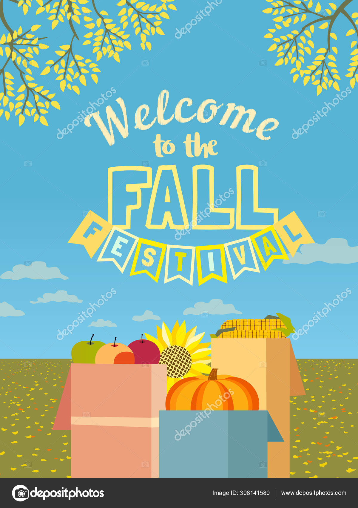 손으로 그린 가을 축제 플랫 컬러 벡터 포스터 스톡 벡터 - ©64samcorp.gmail.com 308141580, image size:1200x1700