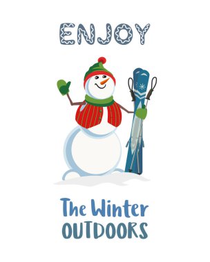 Frosty snowman ski hand drawn flat color vector