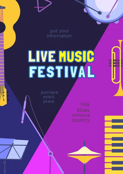 Live music fest modello di poster vettoriale a colori piatti — Vettoriale Stock