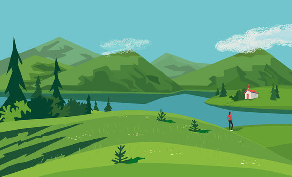 Mountain green valley lake landscape. Summer season scenic view poster. Old church on river bank in Alps mountains cartoon. Wild nature outdoors retro style. Vector countryside scene banner background — Stock Illustration Mountain valley lake landscape poster — Stock Vector
