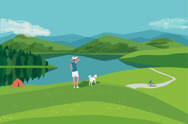 Mountain green valley lake landscape. Summer season scenic view poster. River side in mountains cartoon illustration. Adult couple with dog resting on wild nature . Vector outdoors banner background — Stock Illustration Mountain valley lake scenic view landscape poster — Stock Vector