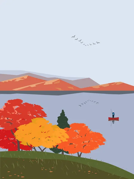 Otoño montañas lago paisaje plano vector — Vector de stock