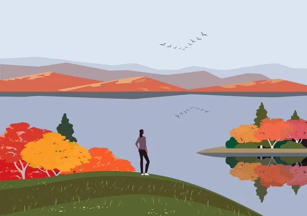 秋の山湖の風景フラットカラーベクトル — ストックベクタ