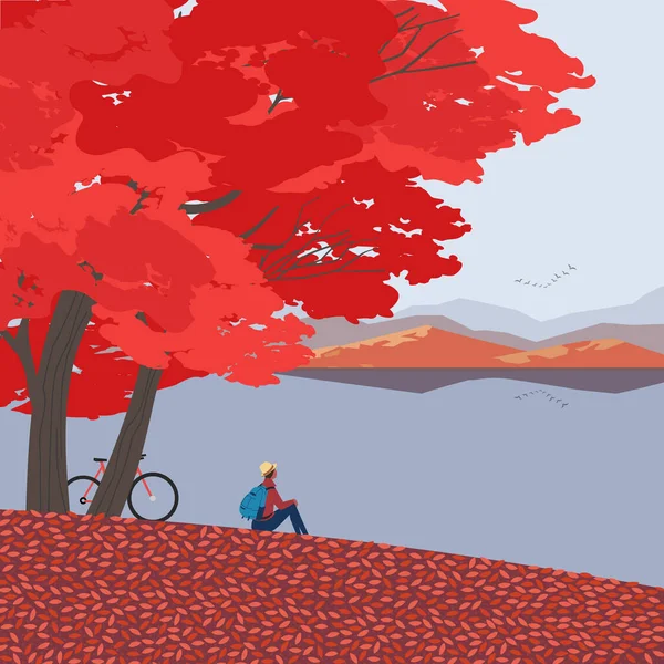 Autumn mountain lake landskap vektor warna datar - Stok Vektor