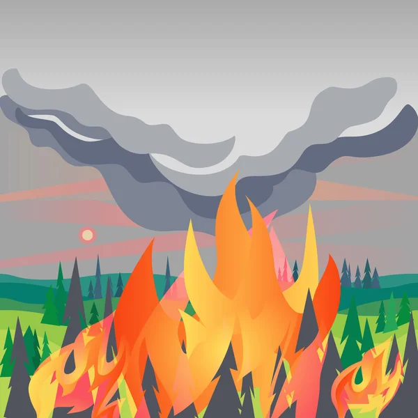 Incendios forestales montaña árboles vector plano — Vector de stock