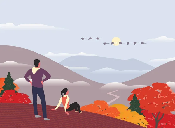 秋山徒步旅行概念扁色矢量 — 图库矢量图片