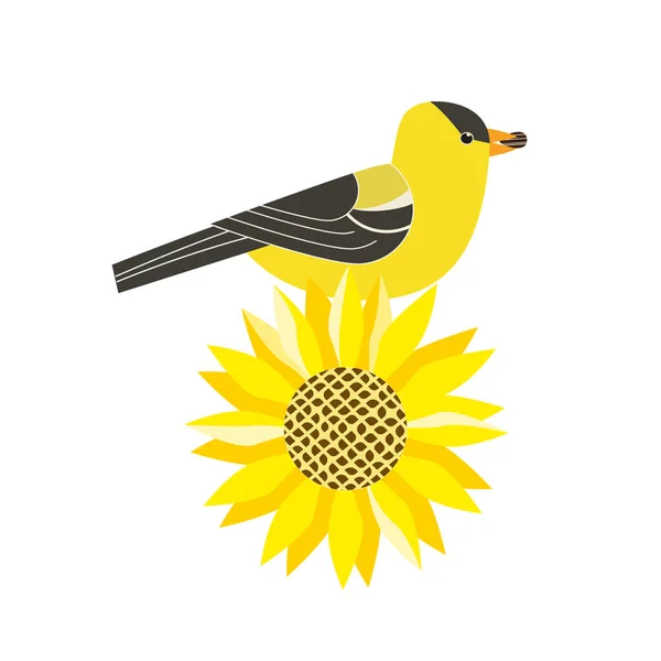 Goldfinch na slunečnici roztomilé kreslený vektor ikona — Stockový vektor