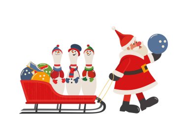 Çizgi roman Noel Baba ve kızak vektörü simgesinde bowling lobutları