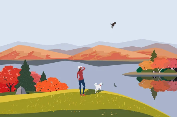 Syksyn vuoret järvi maisema tasainen väri vektori — vektorikuva