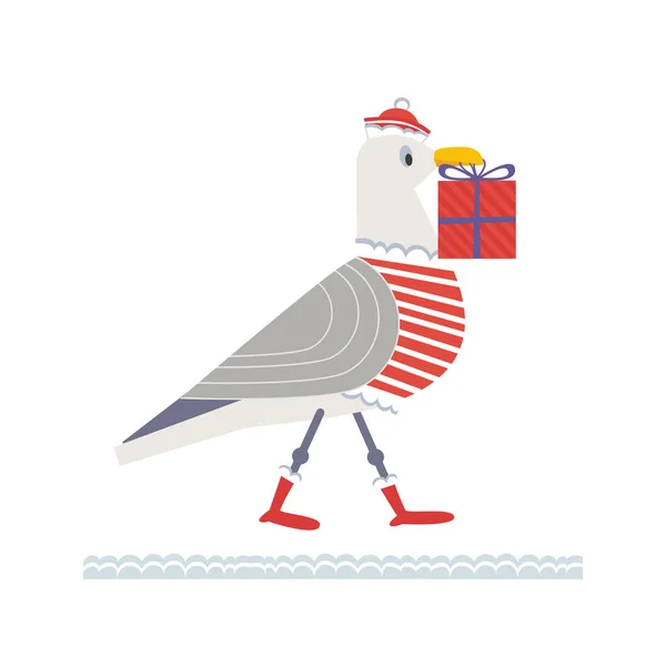 Cute seagull with Christmas gift box vector icon — Stock Vector