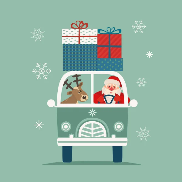 Šťastný Sváteční Plakát Roztomilý Jelen Santa Claus Doručuje Vánoční Dárky — Stockový vektor