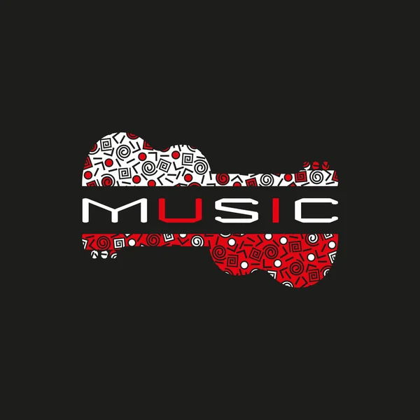 ドードルアコースティックギターシルエットのテンプレートデザインポスター ヴィンテージ音楽のアイコン スイスの国際的なスタイルで黒赤白の楽器のロゴ 現代のメンフィスのパターン ベクターイラスト — ストックベクタ