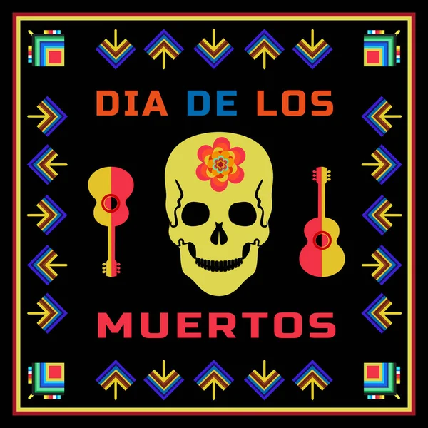 Mexikanska Dia Los Muertos Day Dead Sugar Skull Blomma Gitarr — Stock vektor