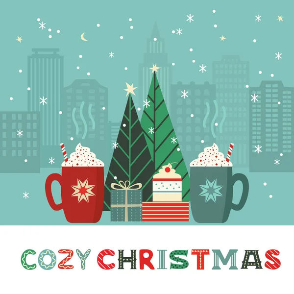 Samimi Noel hediyesi sevimli düz retro renk vektör posteri sunar. Sıcak kakao kupası, tatlı pasta, Noel ağacı tasarımı elementi. El yapımı kış tatili geçmişi. Xmas tebrik kartı illüstrasyonu