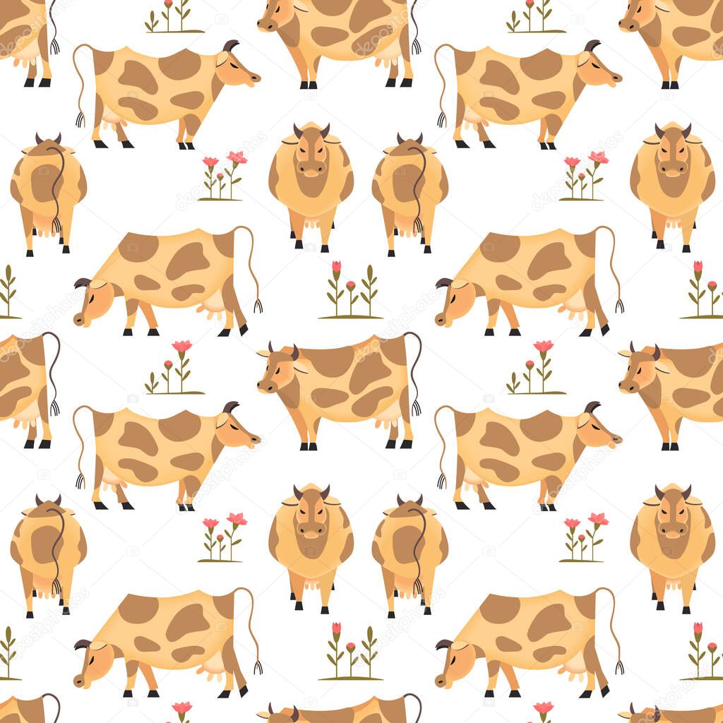 Quirky cows grazing grass seamless pattern