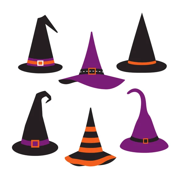 Halloween witch hats flat color vector icon set — Stock Vector