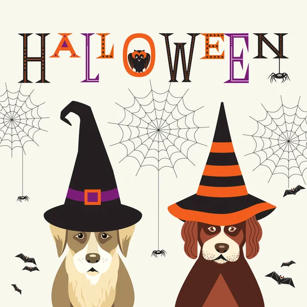 Cute dogs in witch hats fancy Halloween poster — Stock Vector