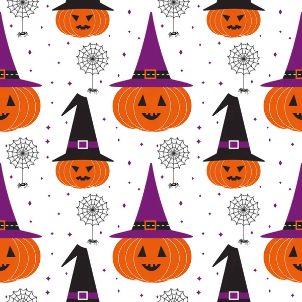 Abóbora de Halloween em chapéu de bruxa sem costura padrão — Vetor de Stock