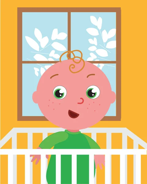 Lindo Bebé Niño Cama Para Niños Ilustración Dibujos Animados Vectorial — Vector de stock