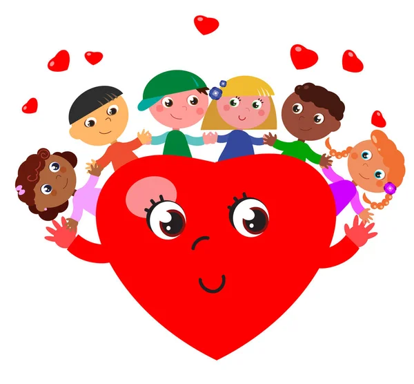 Enfants Monde Entier Dans Câlin Heureux Avec Une Illustration Coeur — Image vectorielle