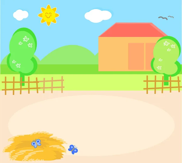 Lindo Fondo Granja Dibujos Animados Con Paja Mariposas — Vector de stock