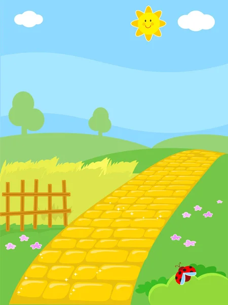 Caricatura Camino Ladrillo Amarillo Campo Vector Ilustración Fondo Para Niños — Archivo Imágenes Vectoriales