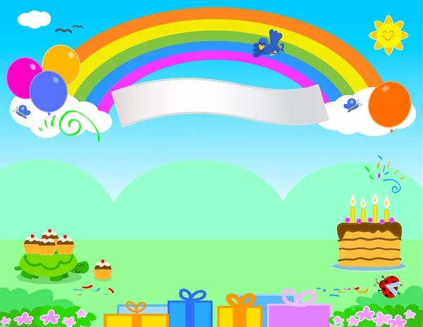 Mutlu Yıllar Gökkuşağı Balonlar Pasta Gitfler Komik Çizgi Film Hayvanlarıyla — Stok Vektör