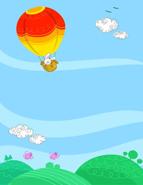Cute Cartoon Background Bunny Hot Air Balloon Summer Sky Vector — Stock Vector