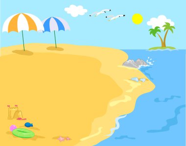 Plajda tatiller, deniz kenarında vektör çizim manzarası.