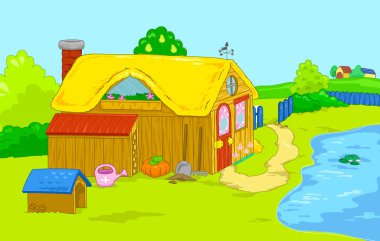 Göl kıyısındaki karikatür çiftlik evi kırsal manzara çizimi