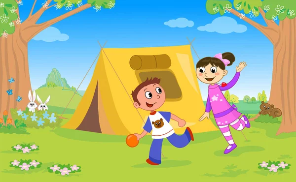 Boy Girl Playing Campsite Vector Illustration — Stock Vector