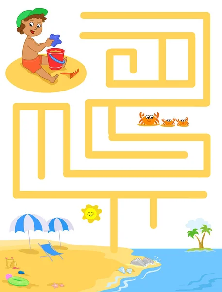 Vacaciones Playa Ilustración Laberinto Vectorial Para Niños — Vector de stock