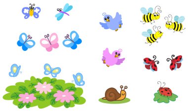 Bir dizi vektör çizgi film sevimli böcekler: arı kıçlı kuş uğur böceği ve yusufçuk