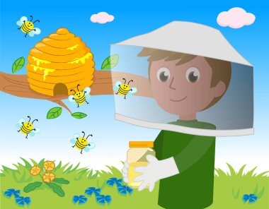 Apiarist ve uçan arılar kovanında çizgi film çizimleri