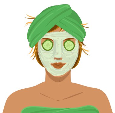 Cilt maskeli kadın, salatalık ve salatalık, çizim