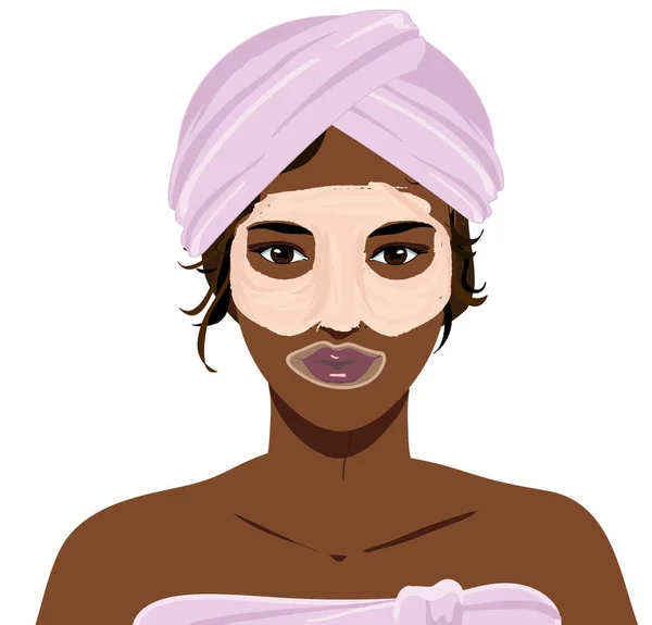 年轻美丽的非洲女人戴着手巾头巾 戴着漂亮的口罩和护肤霜 这是个孤立的例证 — 图库照片