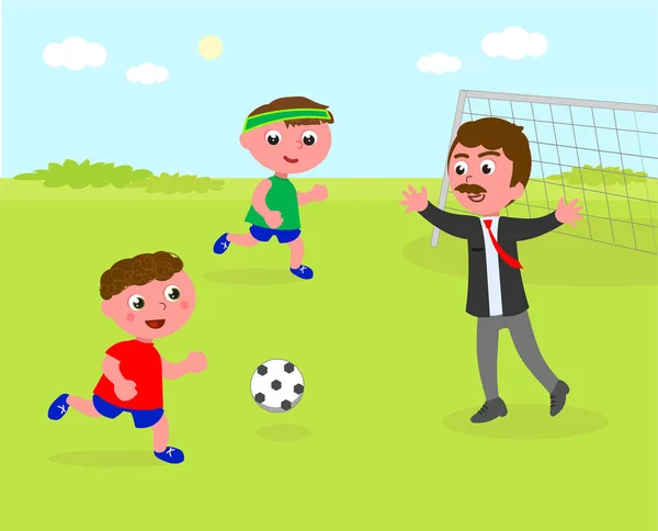 Twee Kinderen Voetballen Met Papa Zakelijke Kleding Vector Illustratie — Stockvector