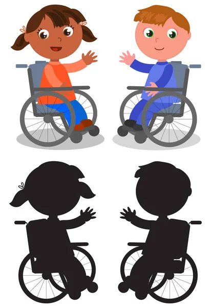 Cartoon Lachende Jongen Meisje Rolstoel Zwarte Silhouetten Vector Illustratie — Stockvector