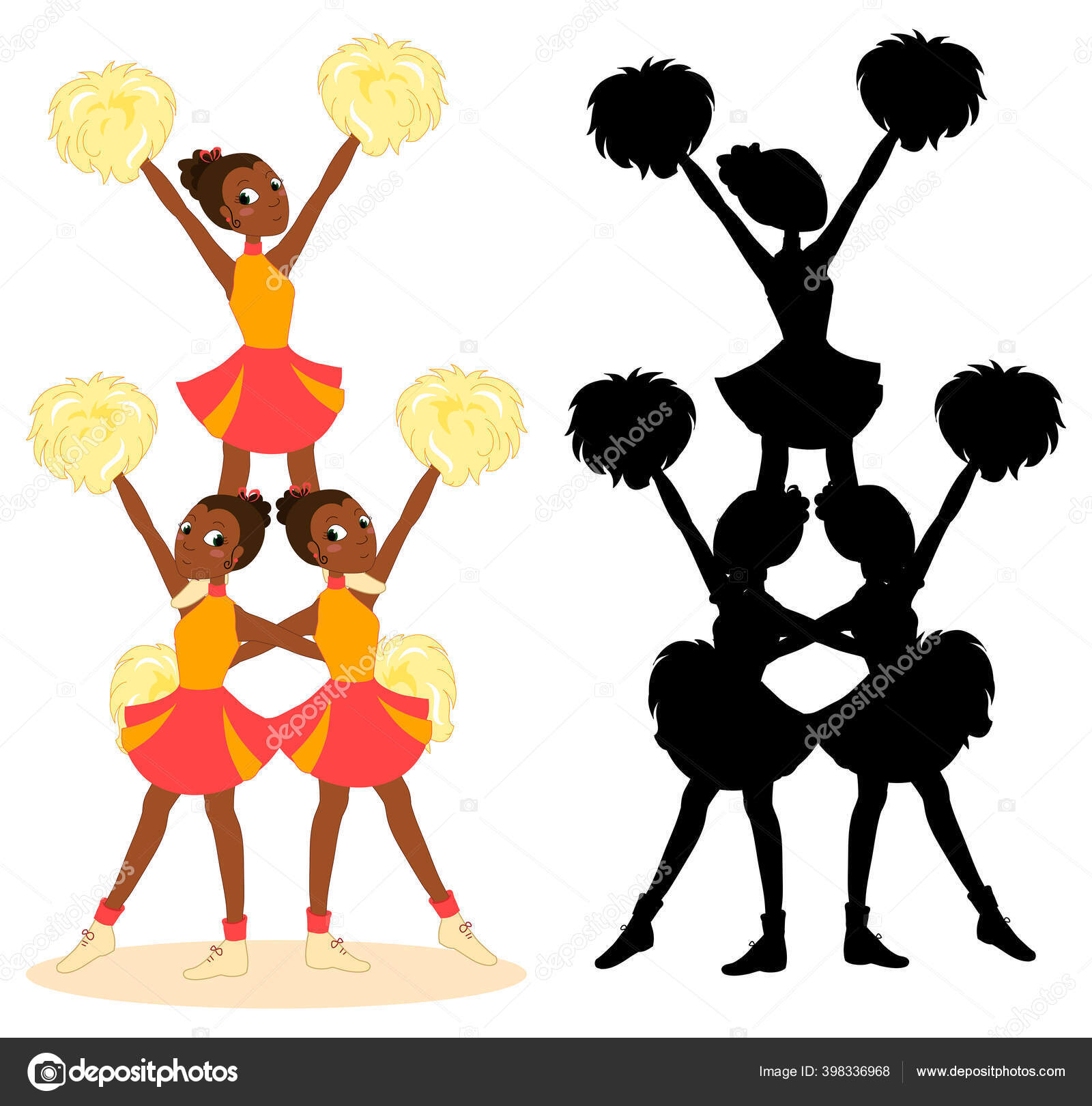 Young Beautiful African Cheerleaders Pyramid Women Team Red Pom Poms Vector Image By C Carlacastagno Vector Stock