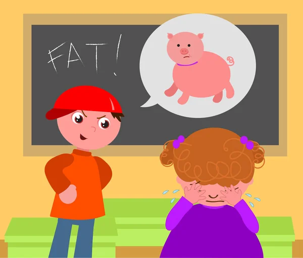 Ragazzo Cattivo Infastidisce Studentessa Obesa Classe Illustrazione Vettoriale Cartone Animato — Vettoriale Stock