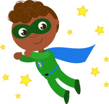 Yıldızlı gökyüzünde parlayan şimşekli yeşil kostümlü mutlu süper kahraman çocuk, karikatür vektör çizimi